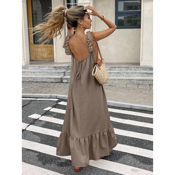 Brown Womens Sleeveless Ruffle Hem Maxi Dress With Open Back And Tie Detail
