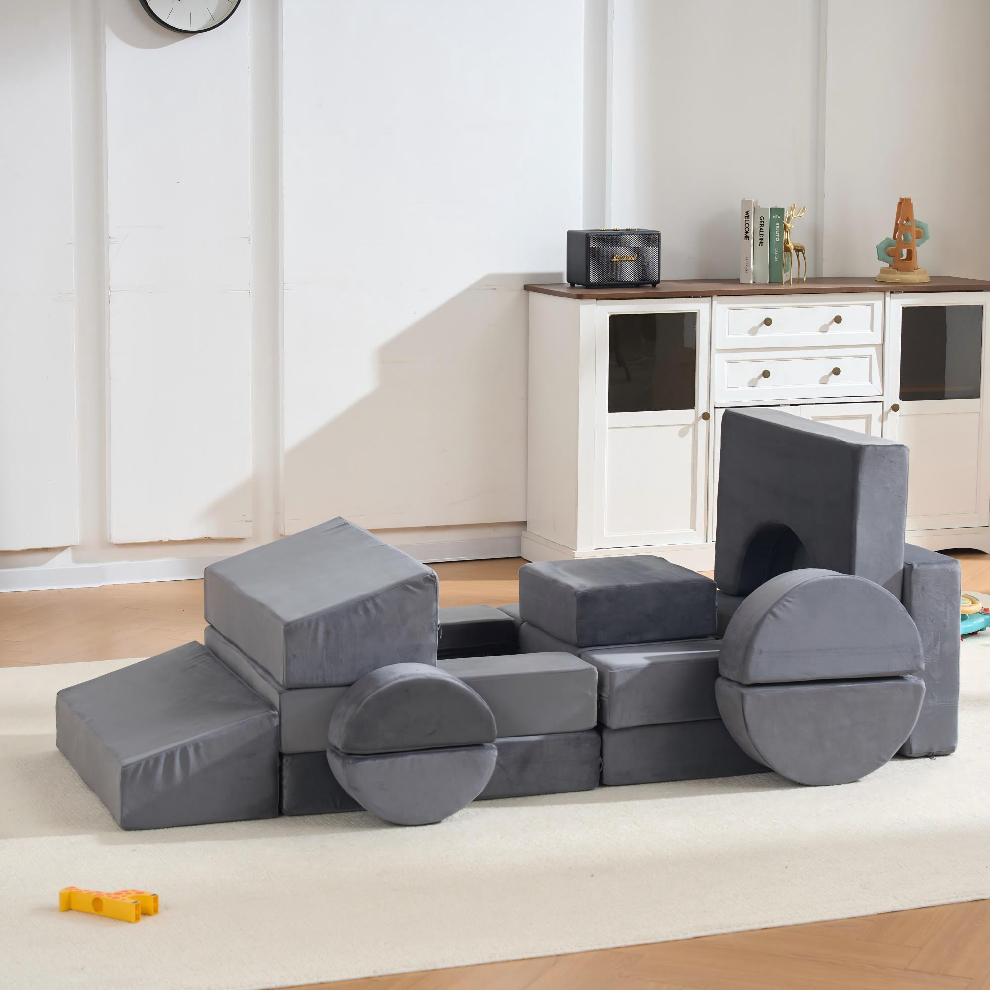 Modular Kids Play Couch 14-Piece Set, Soft Foam Building Block Sofa for Toddlers, Convertible Floor Cushion Activity Playset for Playroom and Nursery, Gray