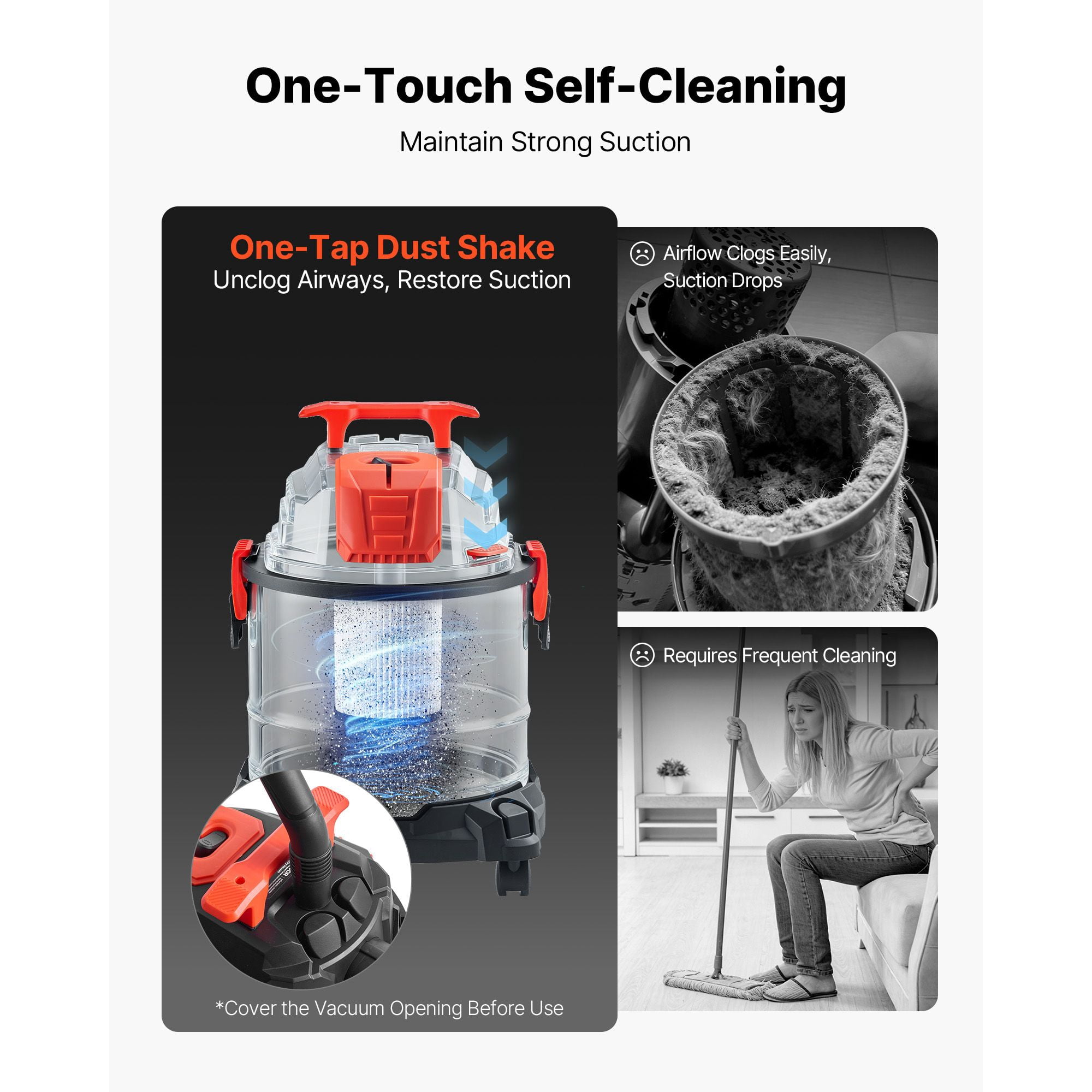 Shop Vac, 5.8 Gallon Wet Dry Shop Vacuum, 4 Peak HP with One-Button Self-Cleaning, Dual-Filter, 900W Input Power, 1.25in x 7ft Hose, 9.8ft Cord, Metal Tank for Jobsite, Workshop, Garage, Home