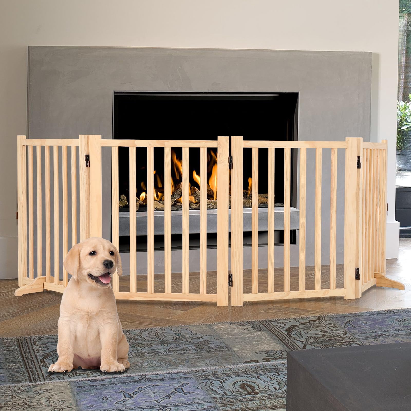 Pet Gate, 3-Panel/4-Panel Indoor FoldableDog Fence for Stairs or Doorways, Retractable Wood Freestanding Dog Gates