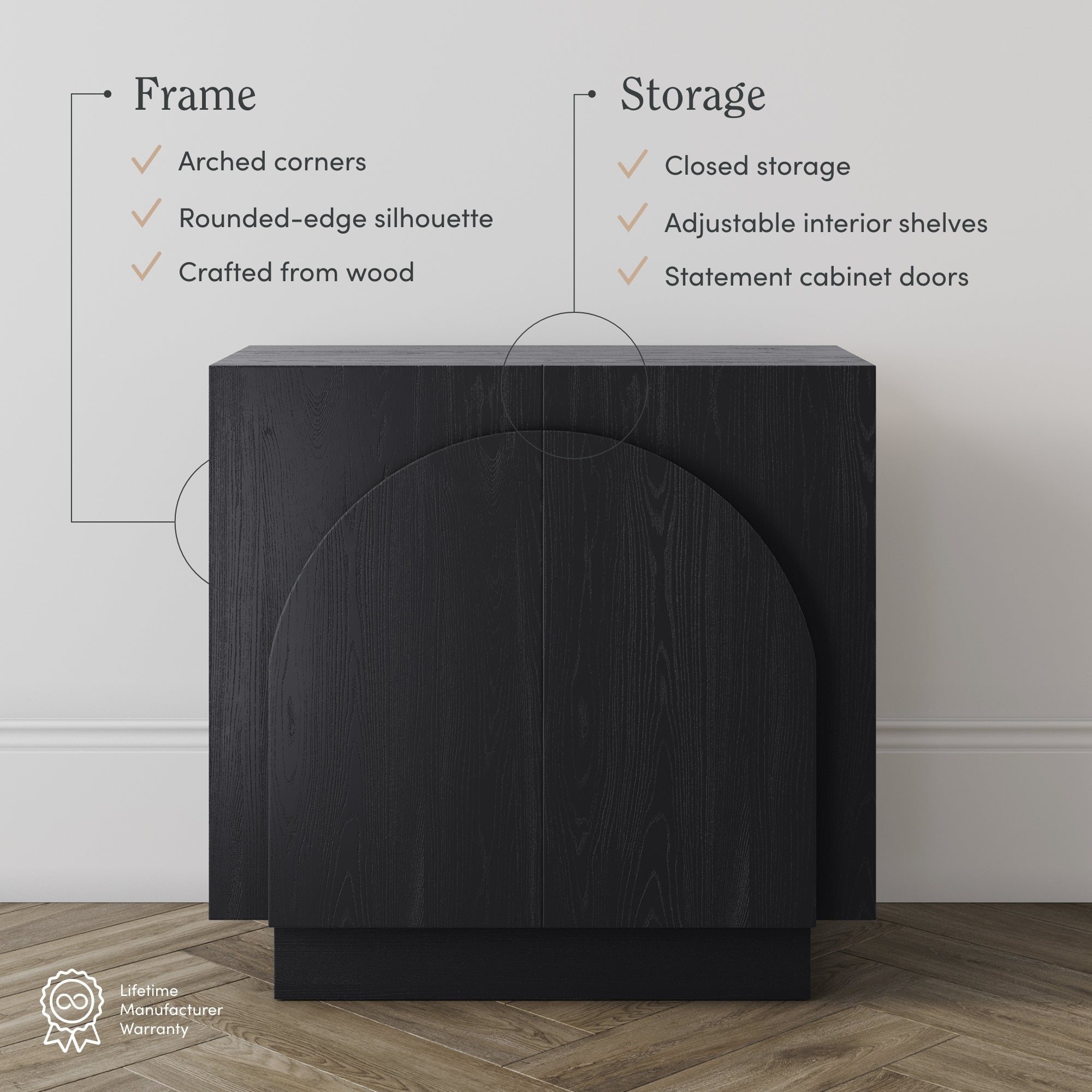 Nathan James Iris Mid-Century Modern Credenza, Black Sideboard Buffet, Living Room Wood Storage Cabinet with Arched Cabinet Doors, Black Credenza Cabinet for Kitchen or Living Room, Black Oak