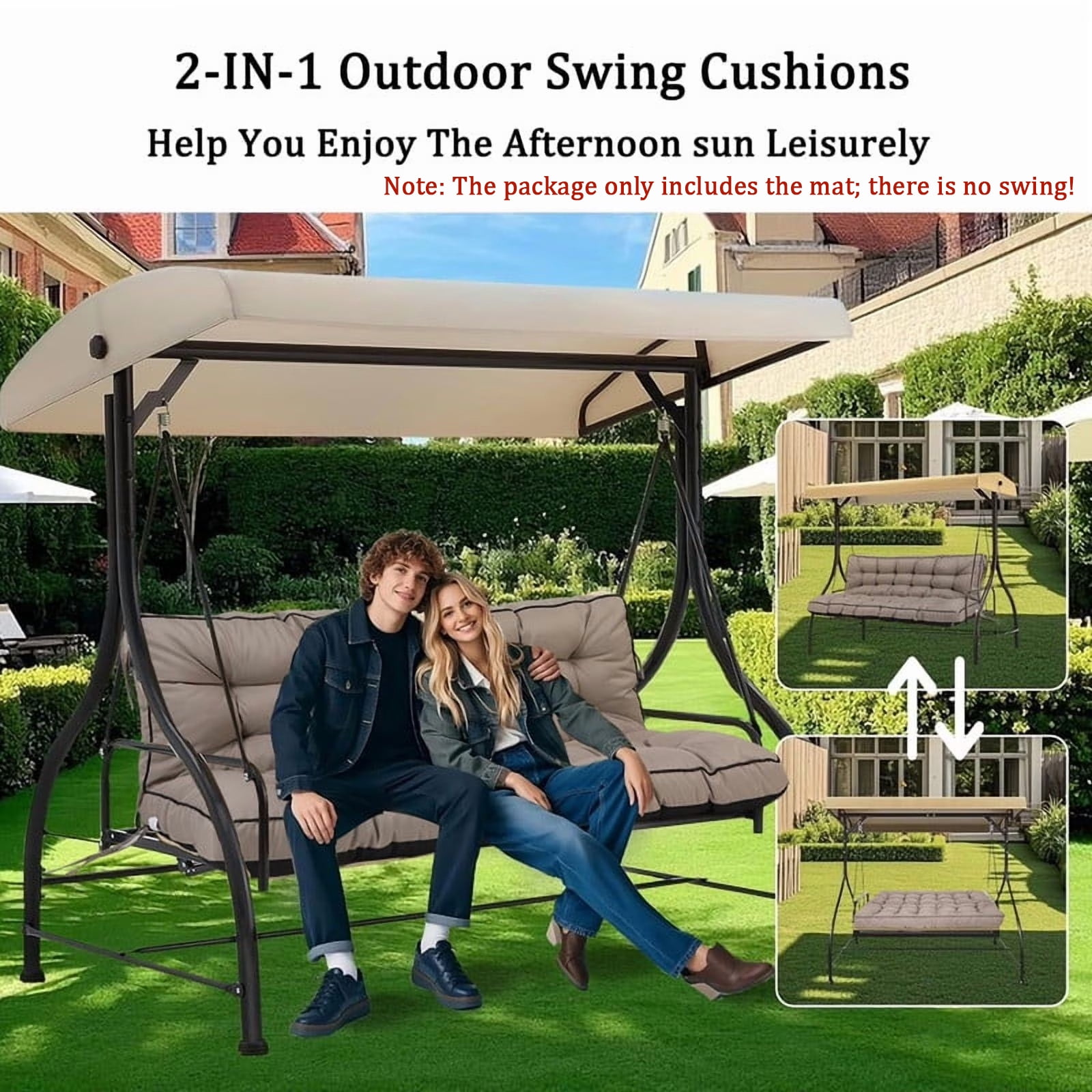 Outdoor Porch Swing Cushions, 4" thick patio swing cushions 3 Seater for outdoor furniture, Waterproof Bench Replacement Cushion with Ties(Khaki-55×40in)