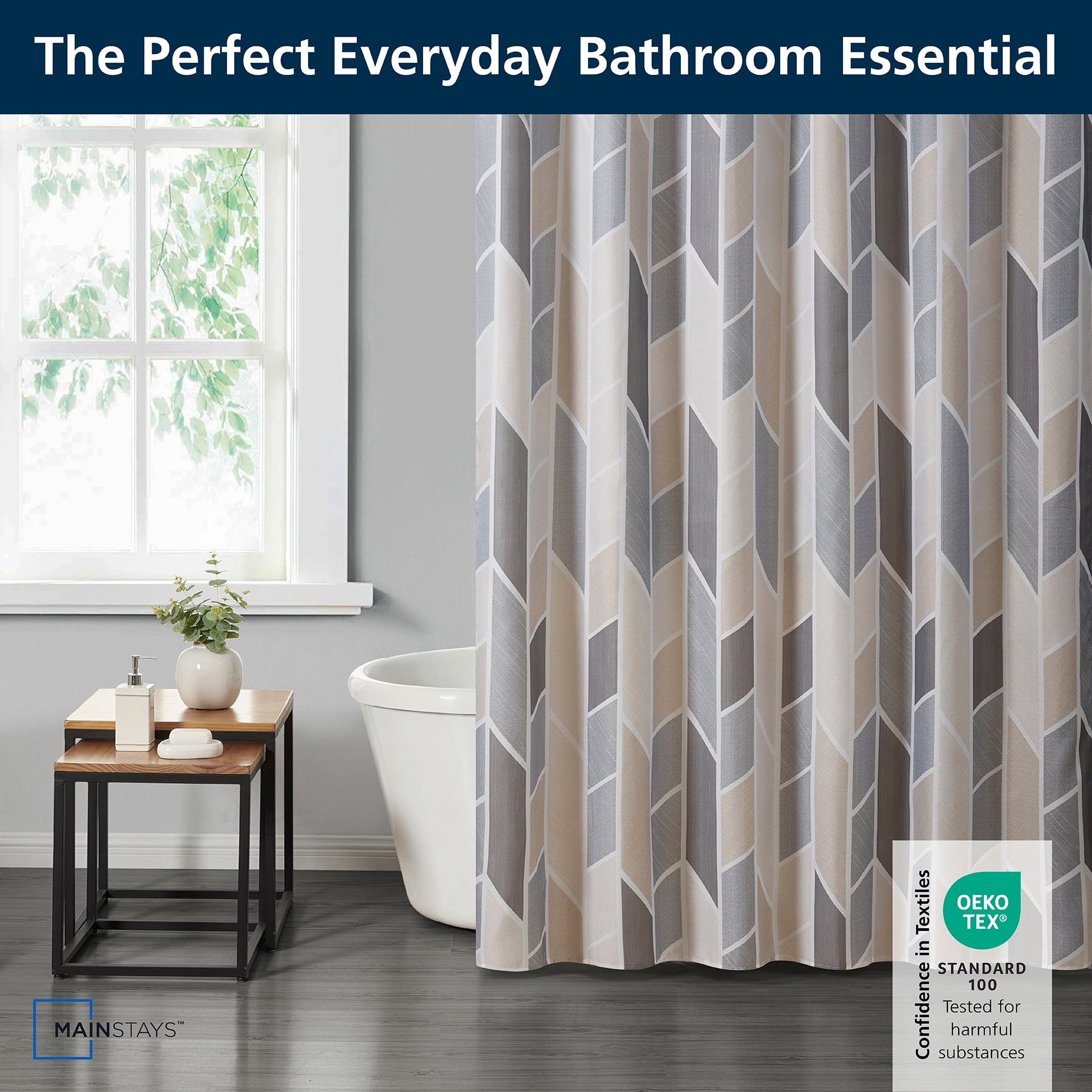 Mainstays 14 Piece Fabric Shower Curtain Set, PEVA Liner & Hooks, Natural Geometric 72" x 72"