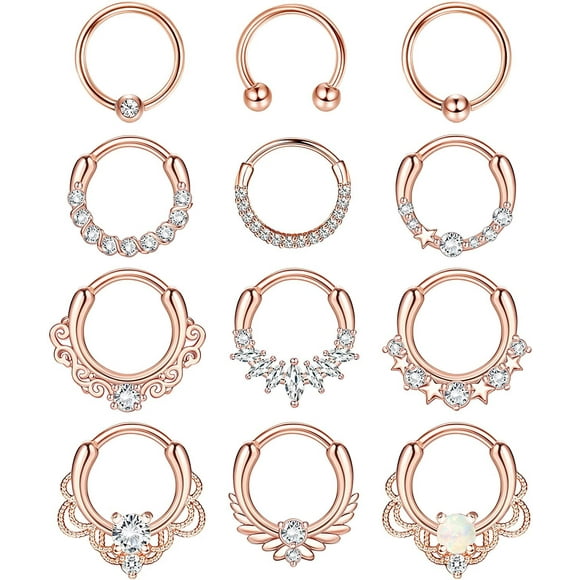 12pcs Septum Jewelry 16g Daith Earrings Hinged Hoop Nose Rings Septum Clicker Cz Stainless Steel Cartilage Earring Helix Tragus Daith Piercing Jewelry