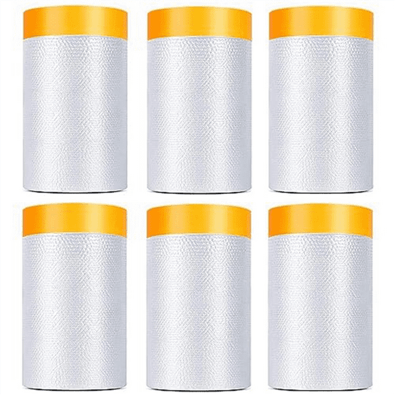 6 Pack Tape and Drape, 1.8X62.3 Ft Pre-Taped Masking Film for Auto Painting Covering, Plastic Pre-Adhesive Film