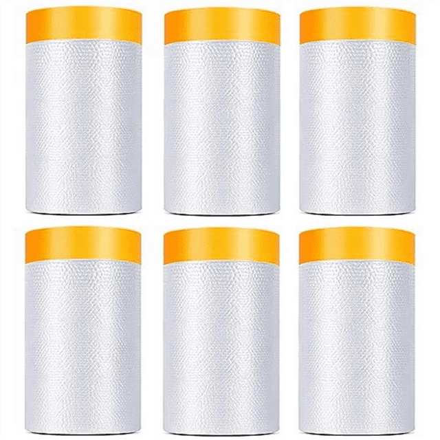 6 Pack Tape and Drape, 1.8X62.3 Ft Pre-Taped Masking Film for Auto Painting Covering, Plastic Pre-Adhesive Film