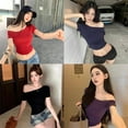 thumbnail image 6 of Women Short Sleeve Off The Shoulder Tops Sexy Fitted Shirt Solid Tees S Black, 6 of 6