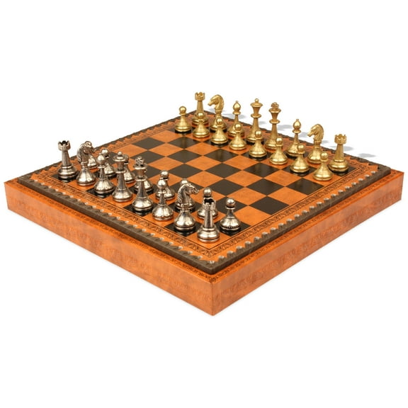 Small Staunton Metal Chess Set with Leatherette Chess Board & Tray