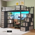 thumbnail image 4 of Loft Bed Twin Size with Desk and Storage Stairs&8 Storage Drawers, Metal Twin Loft Beds with LED Lights&Power Strips&Open Shelves, Loft Bed Frame for Teens/Adults, Black+Grey, 4 of 10