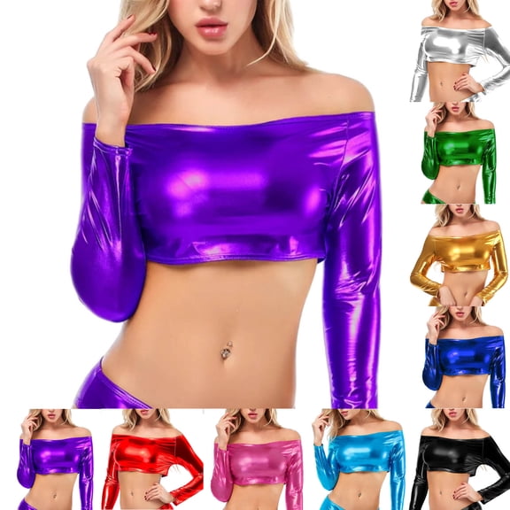 Bixock Summer Women's Tops,Long Sleeve Shirts for Women,Blouse for Women Off Shoulder Long Sleeve Shiny Metallic Faux Leather Party Tops