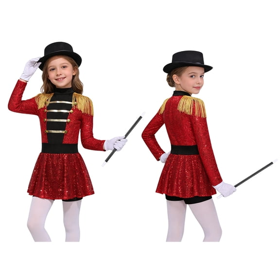 iiniim Girls Circus Ringmaster Jumpsuit Shiny Sequins Performance Leotard Dress Magician Outfits Red 16