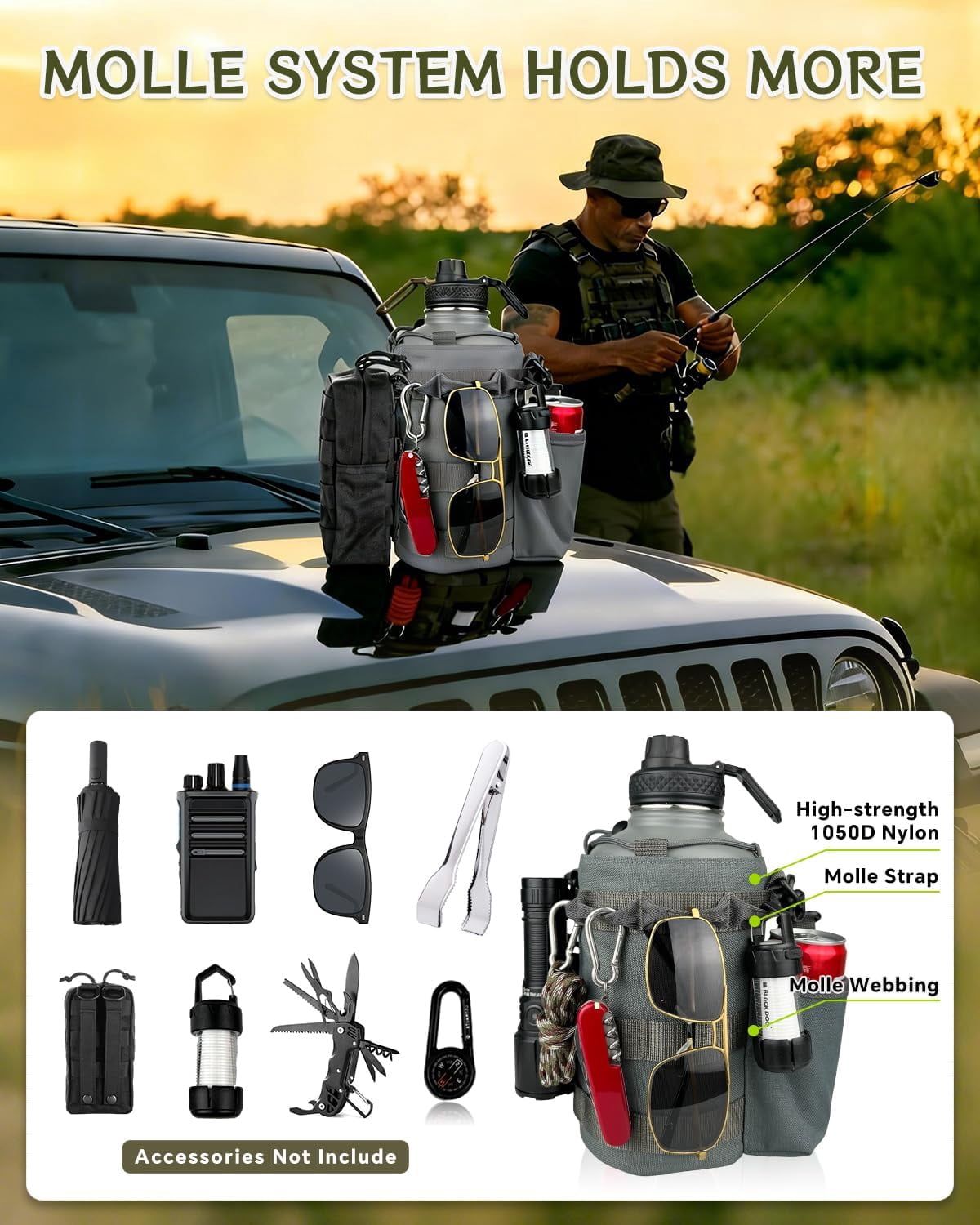 Half Gallon Water Bottle Insulated with Sleeve-64 oz Stainless Steel Water Jug with Strap Paracord Handle Metal Sport GYM Water Bottles for Men Women Hunting Hiking Travel Biking Camo CP
