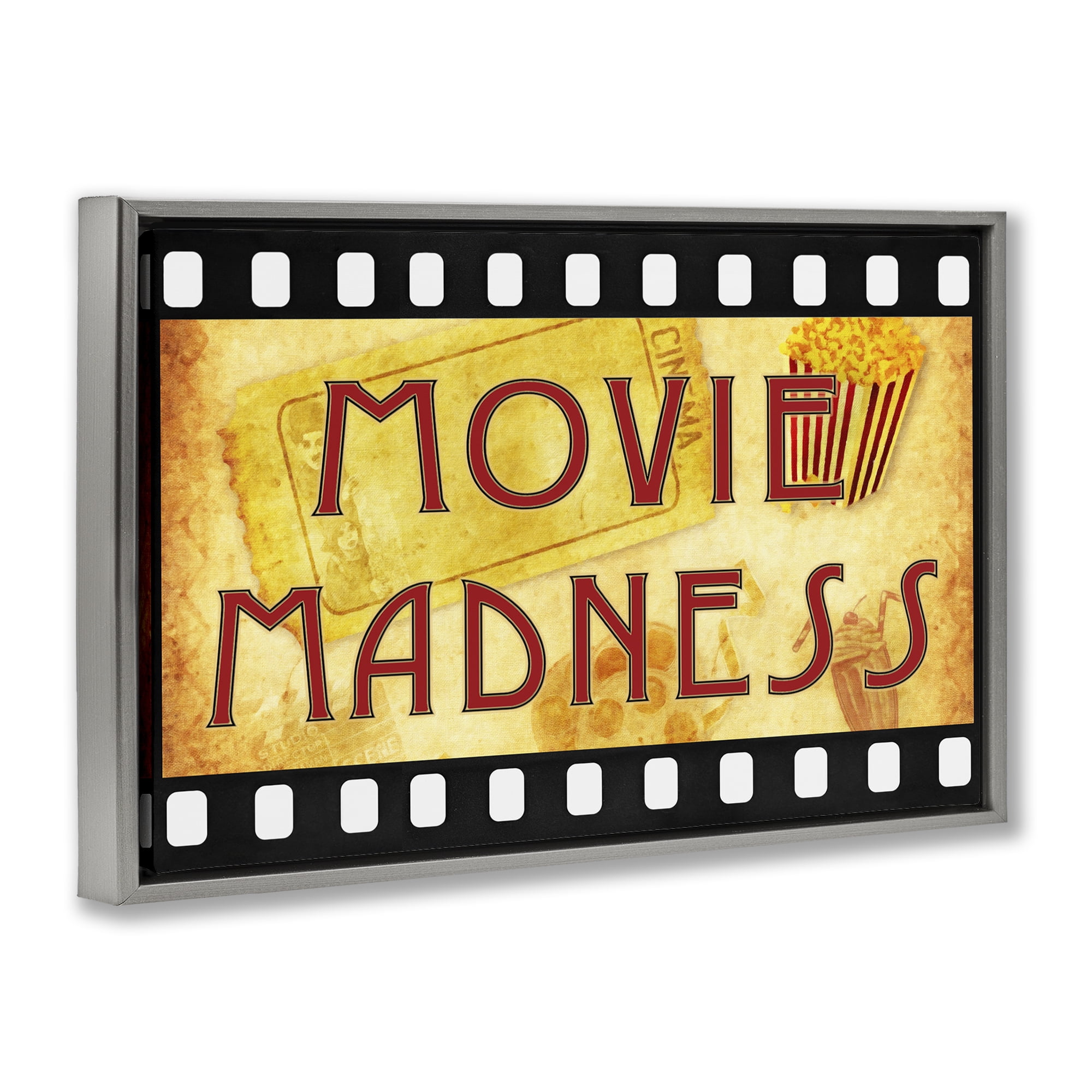 Stupell Industries Movie Madness Classic Sign Entertainment Painting Gray Floater Framed Canvas Art Print Wall Art, 25 x 17