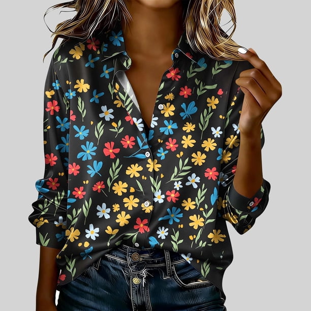 TaTaai Womens Casual Printed Blouse Long Sleeve Round Neck Polyester Top Lightweight Soft Asian Sizing Small Fit Gift