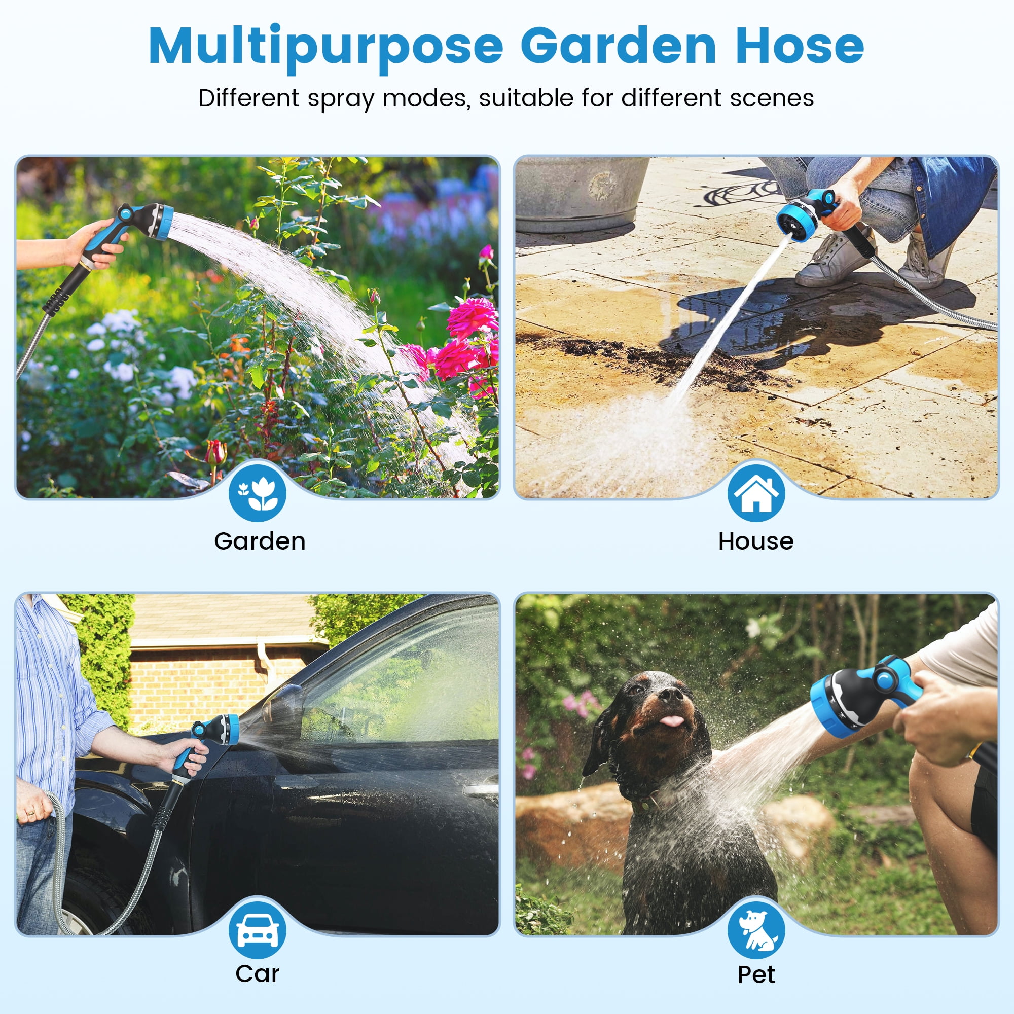 OHHANI Stainless Steel Hose, 50 ft x 5/8", Garden Hose with 10-Function Sprayer, No Kink