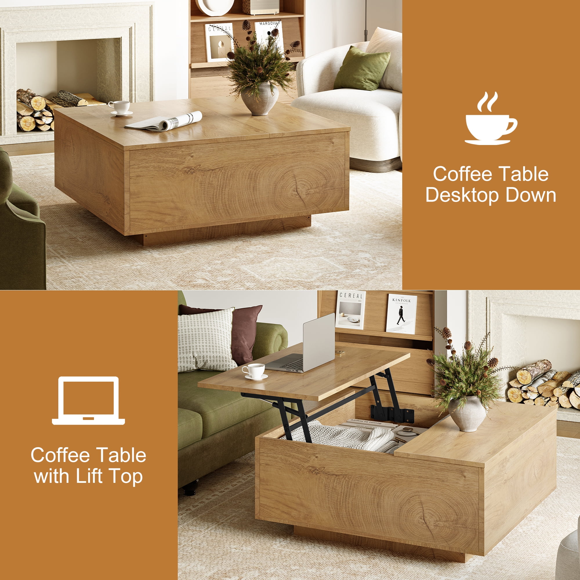 GUNAITO Lift Top Coffee Table with Storage, Square coffee table and modern Farmhouse Center Table for Living Room, Natural wood color