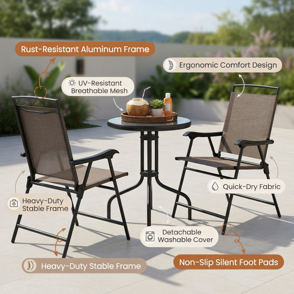 Hommoo 3-Piece Outdoor Patio Set, Round Tempered Glass Table & 2 Folding Chairs with Breathable Fabric Seats, Compact for Balcony & Small Spaces, Brown