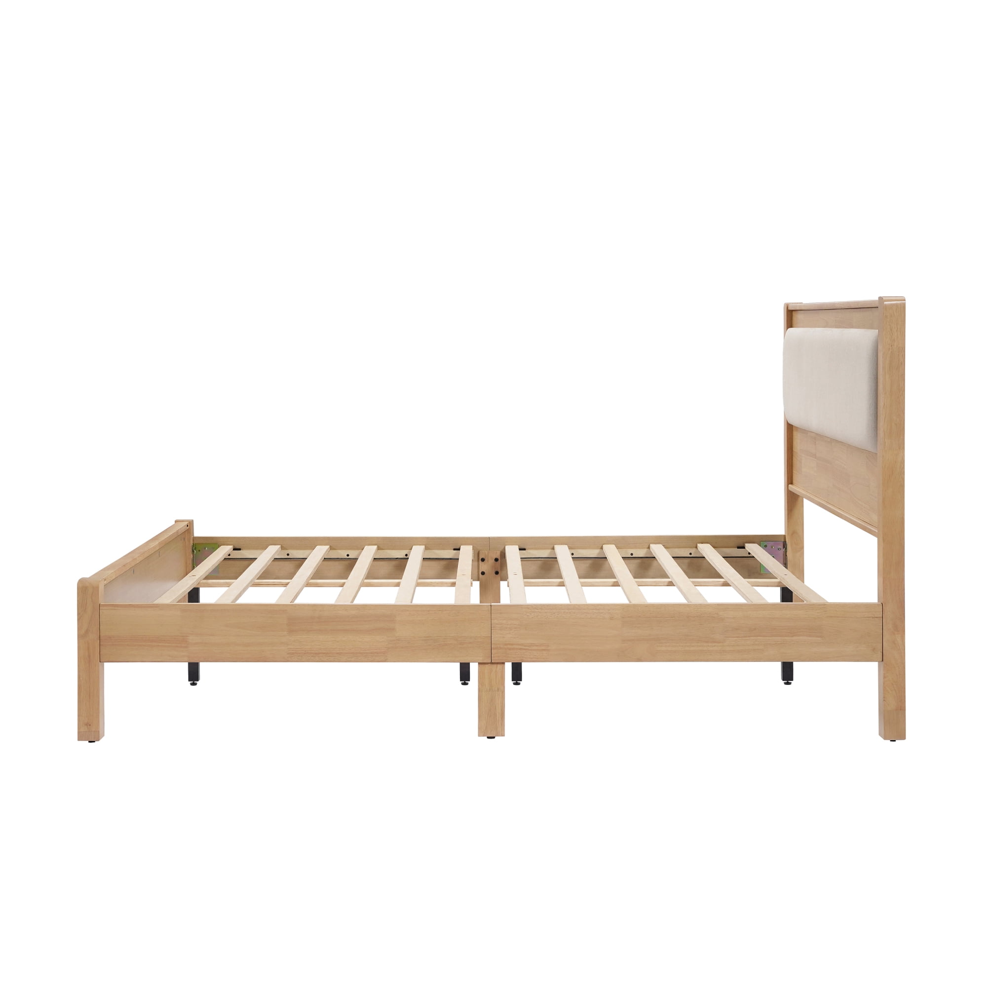 HOQBN Full Solid Rubberwood Bed Frame with Upholstered Headboard, Reinforced Central Support Legs for Bedroom Natural