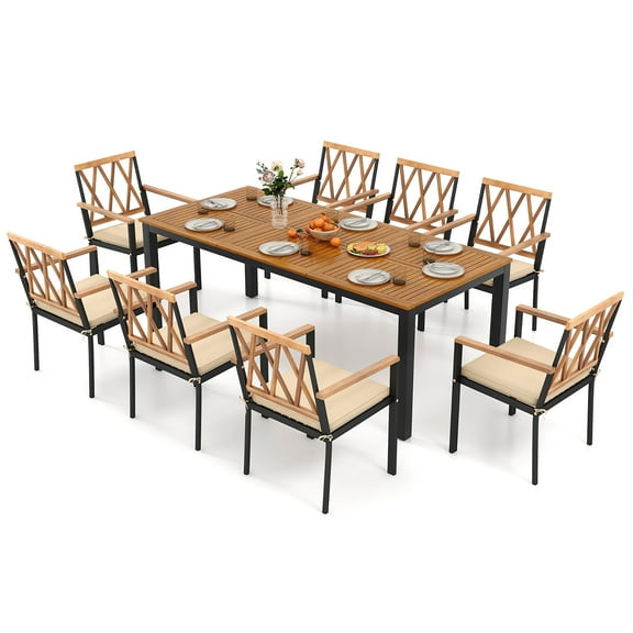 Gymax 9 PCS Outdoor Dining Table & Chairs Set Table w/ Acacia Wood Top Umbrella Hole