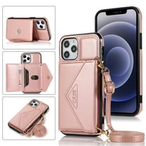 Dteck Case for Apple iPhone 12 Pro Max 6.7-inch,Luxury Leather Wallet Case Magnetic Flip Card Holder Slots Back Protective Kickstand Phone Cover with Shoulder Strap (about 1.4m),Rosegold