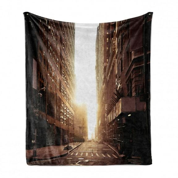 Cityscape Soft Flannel Fleece Throw Blanket, New York Street with High Skyscrapers at Early Morning Sunrise Manhattan View, Cozy Plush for Indoor and Outdoor Use, 50" x 60", Umber Cream, by Ambesonne