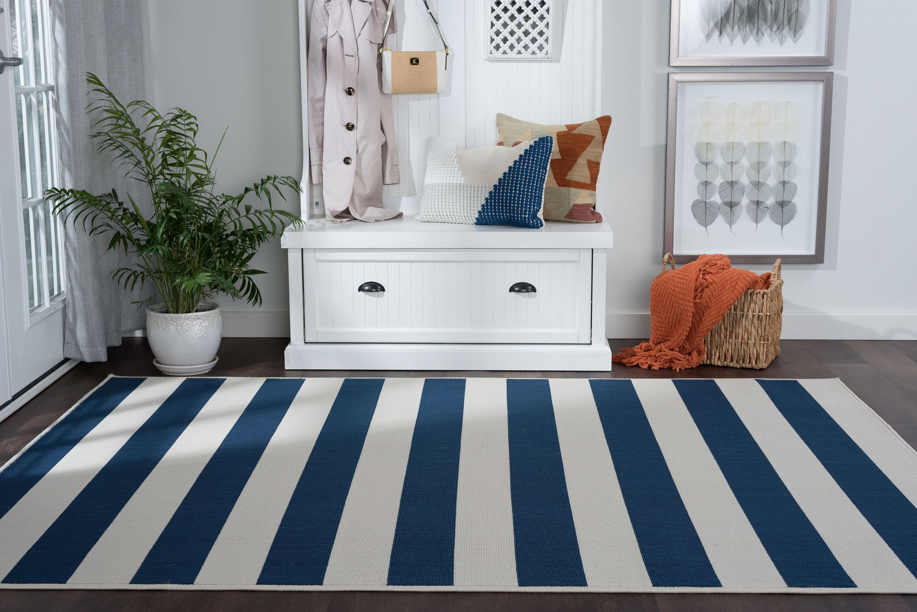 5x8 Water Resistant, Indoor Outdoor Rugs for Patios, Front Door Entry, Entryway, Deck, Porch, Balcony | Outside Area Rug for Patio | Navy, Stripe | Size: 5'3'' x 7'3''