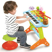 Prextex Toy Piano Keyboard for Kids with Real Working Microphone Electronic Musical Instrument Piano Toy Keyboard with Record and Playback Synthesizer and Stool