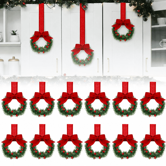 12 Pcs Christmas Kitchen Cabinet Wreaths with Ribbon 5.12 Inch Mini Christmas Wreath Small Kitchen Wreath Greenery Wreath for Window Door(Red Classic Bow)