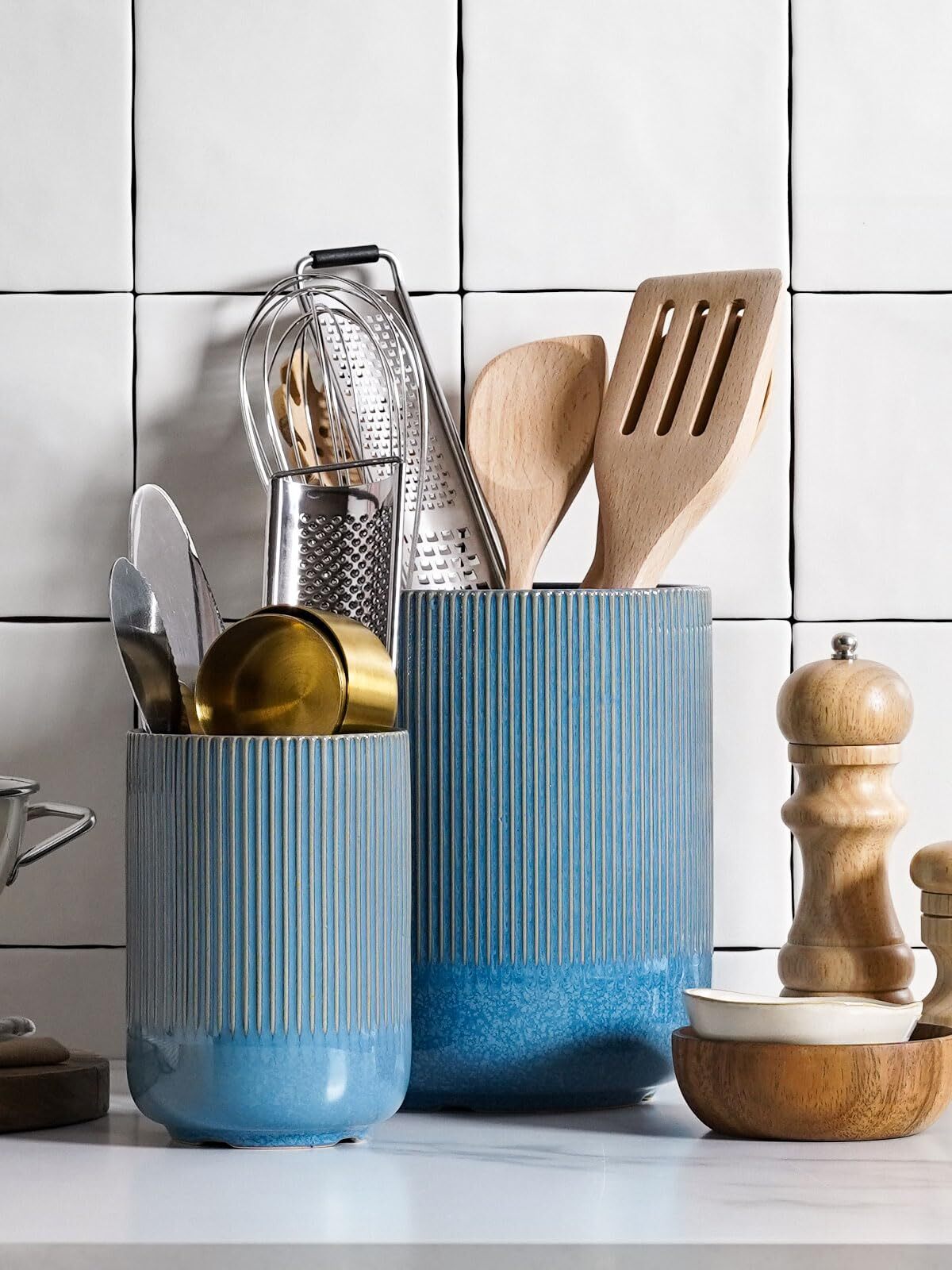 LE TAUCI Utensil Holder, 7.3"+5.4" Ceramic Utensil Crock, Plant Pots & Home Accessories, Pack of 2, Glaze Blue Serving Storage