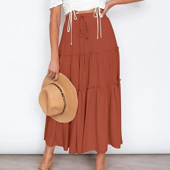 YOUSNH Women's Fashion Casual High Waisted MIDI Boho Style Pleated Skirt Women's Skirts Brick Red S