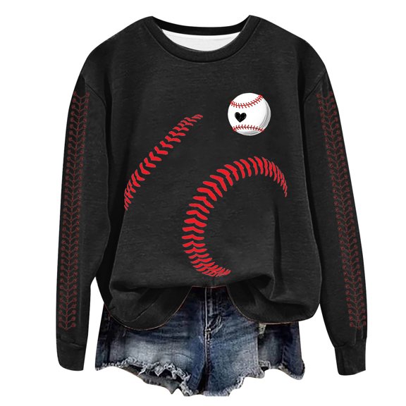 zaveiop Baseball Mom Sweatshirt for Women Heart Printed Crewneck Long Sleeve 2025 Pullover Tops (Black, XL)