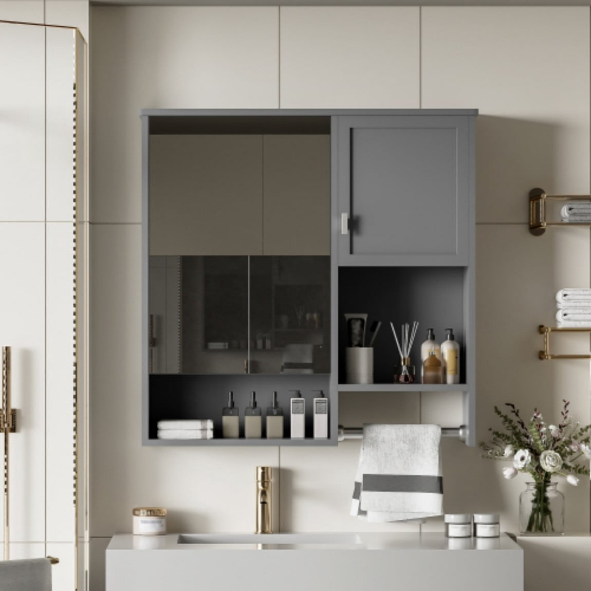 29"x 28" Modern Wall Mounted Bathroom Medicine Cabinet with Mirror, Over The Toilet Storage Cabinet, Adjustable Shelf Bathroom Wall Cabinet with Towel Bar, Gray