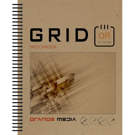 Orange Media GRID Sketchbook. Spiral Bound. Journal Style. Multi-Media. (8.5" x 11") 1/8" BOX. ORANGE.