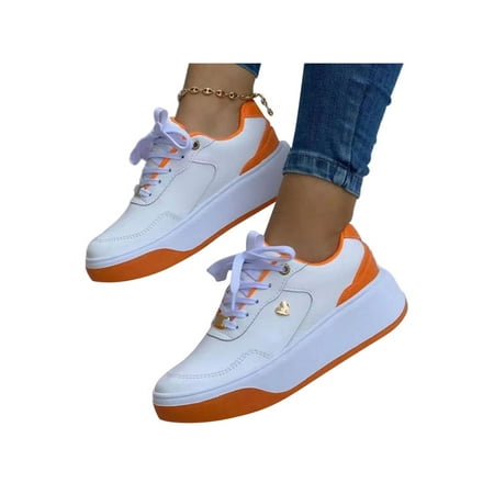 

Tenmix Women Sneakers Platform Walking Shoe Sport Trainers Lace Up Flats Ladies Breathable Non-Slip White Orange 6.5