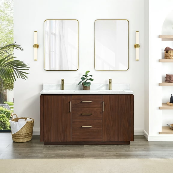 Vinnova San 60" Double Sink Wood Bath Vanity with Grain Stone in Natural Walnut