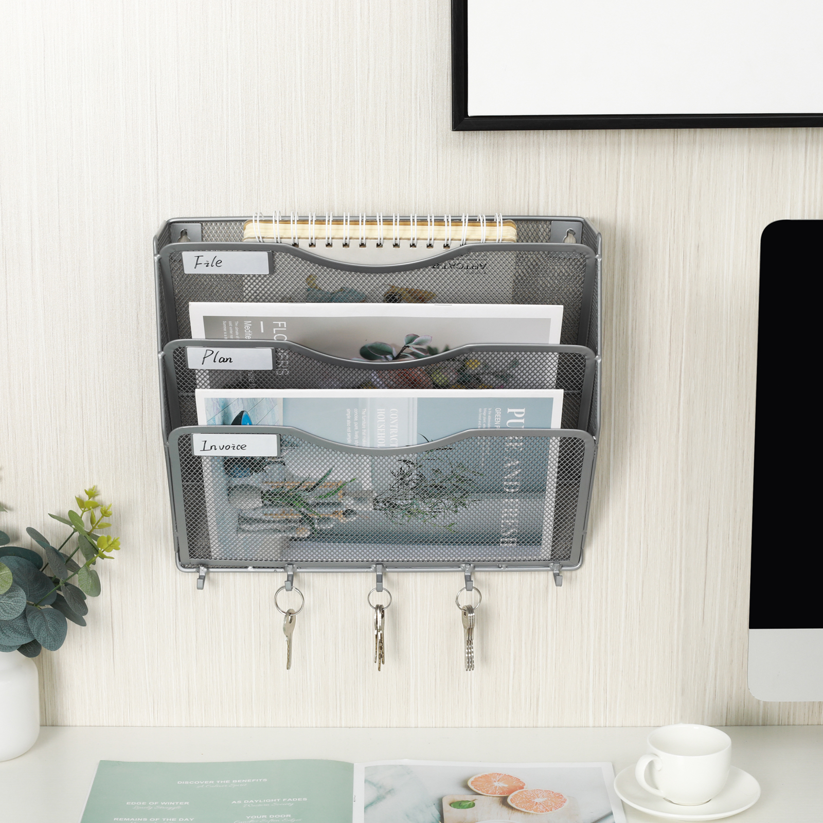 EasyPAG File Organizer Mesh Hanging Wall File Holder 3 Pocket Paper Magazine Rack with Key Hooks,Silver