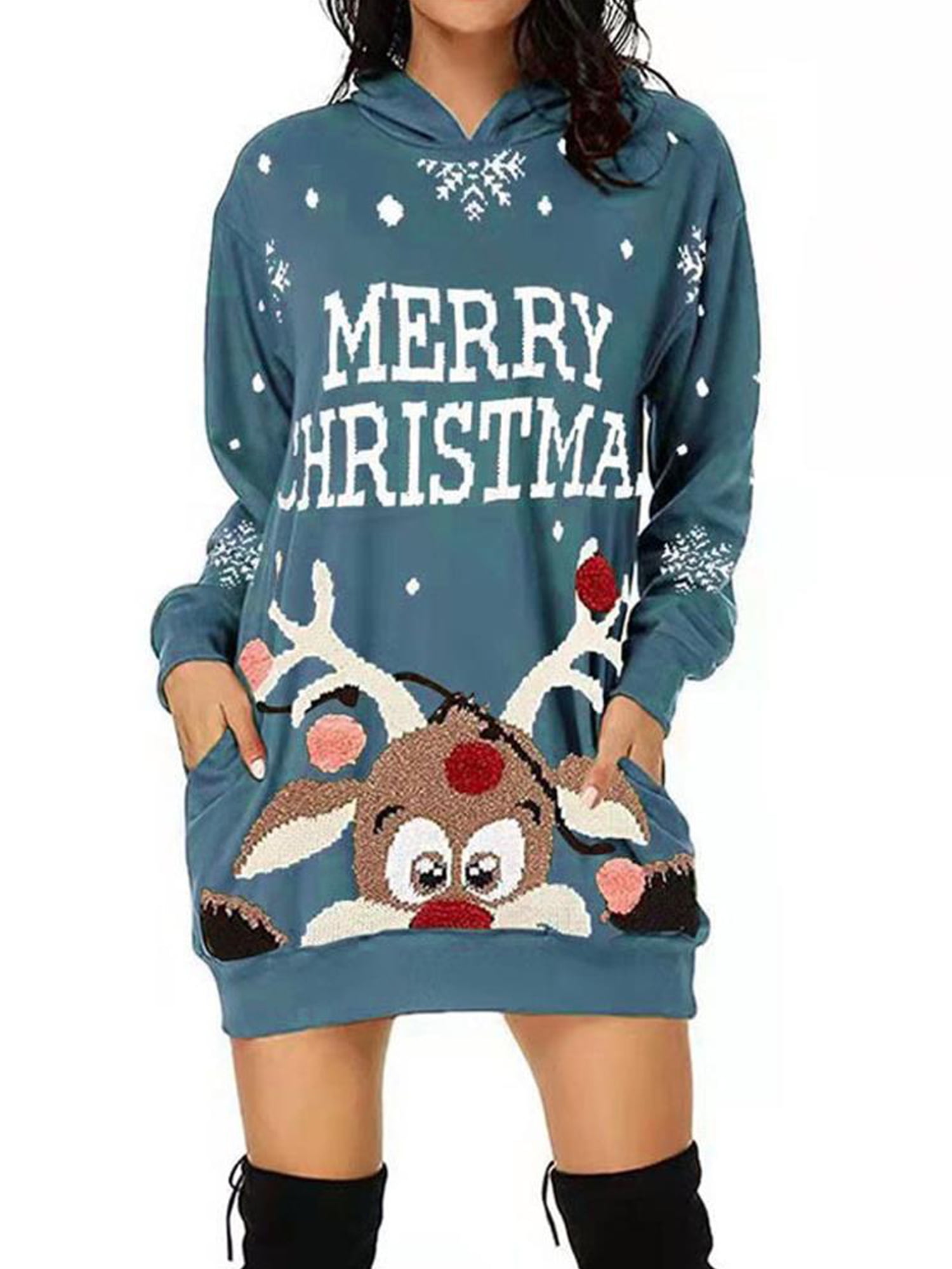 hooded christmas reindeer and snowflake print hoodie