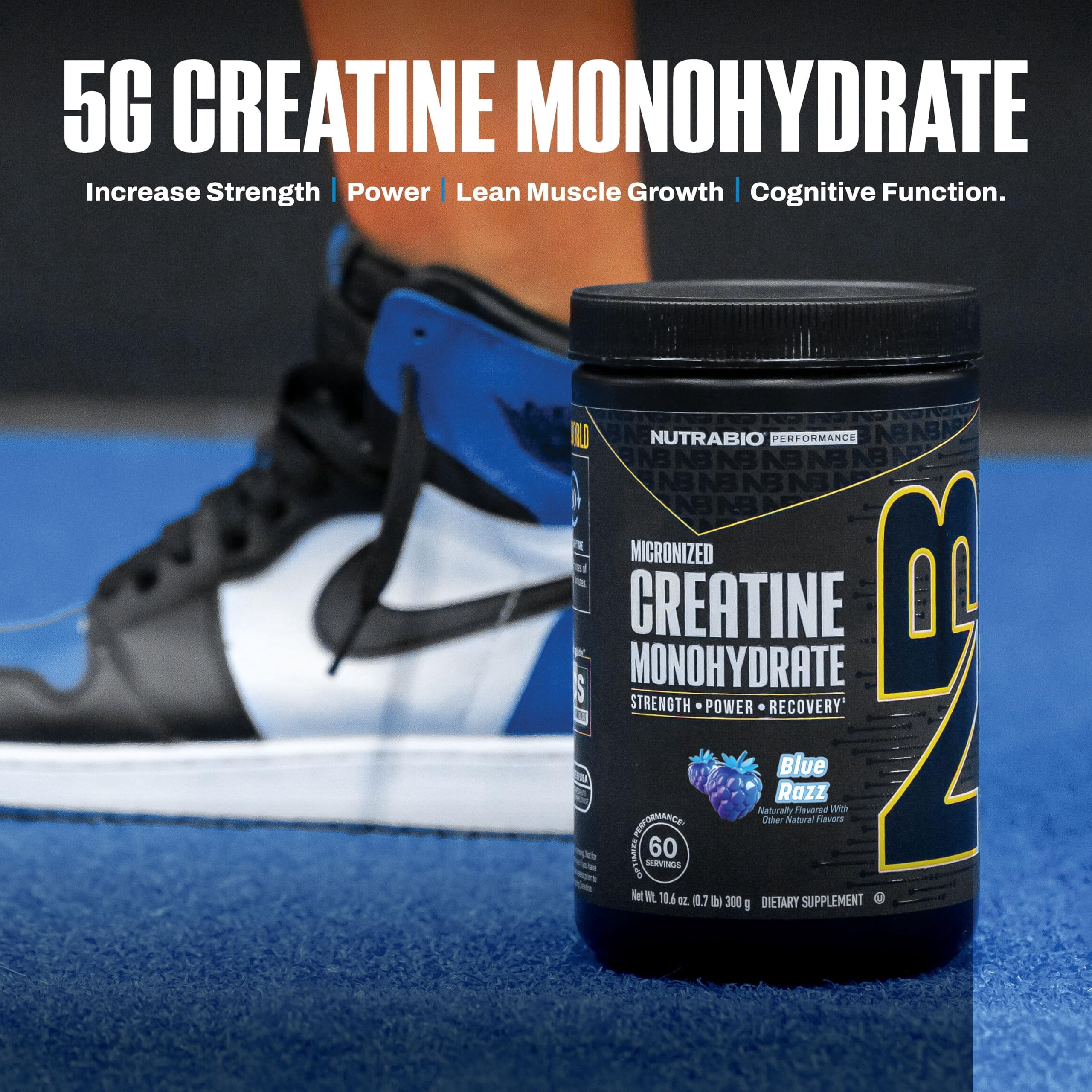 NutraBio Pure Creatine Monohydrate Powder Supplement, Blue Razz, (300 g) - Supports Bulk Muscle Energy, Recovery, and Strength - HPLC Tested Pure Grade Creatine Powder Supplement for Men and Women