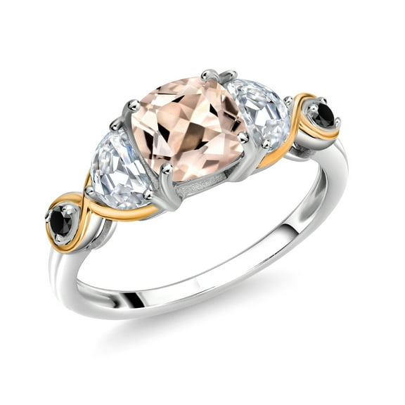 Gem Stone King 925 Silver and 10K Yellow Gold 3-Stone Ring Cushion Morganite Half Moon Moissanite and Black Diamond (1.49 Carat Cttw) (Size 8)