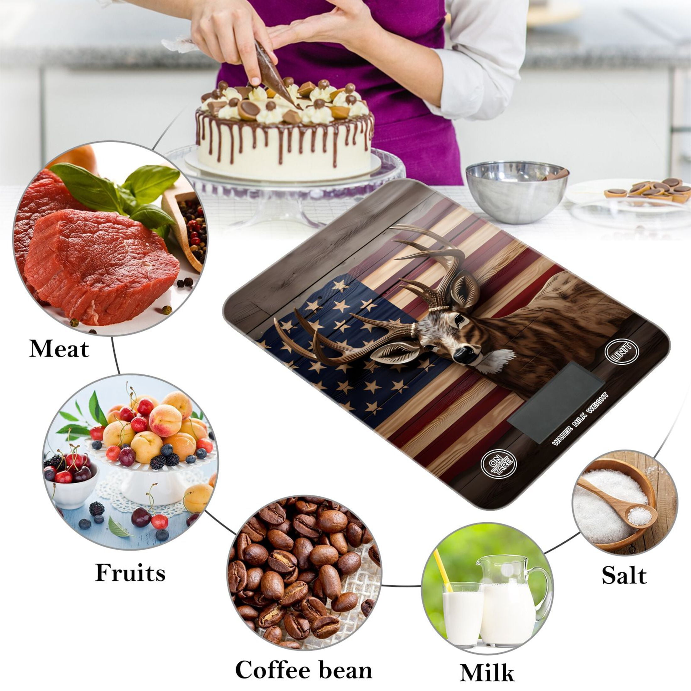 American Flag Deer Food Scale Digital Kitchen Scale Waterproof Tempered Glass Tare Function 11 lb for Baking Cooking Meal Prep