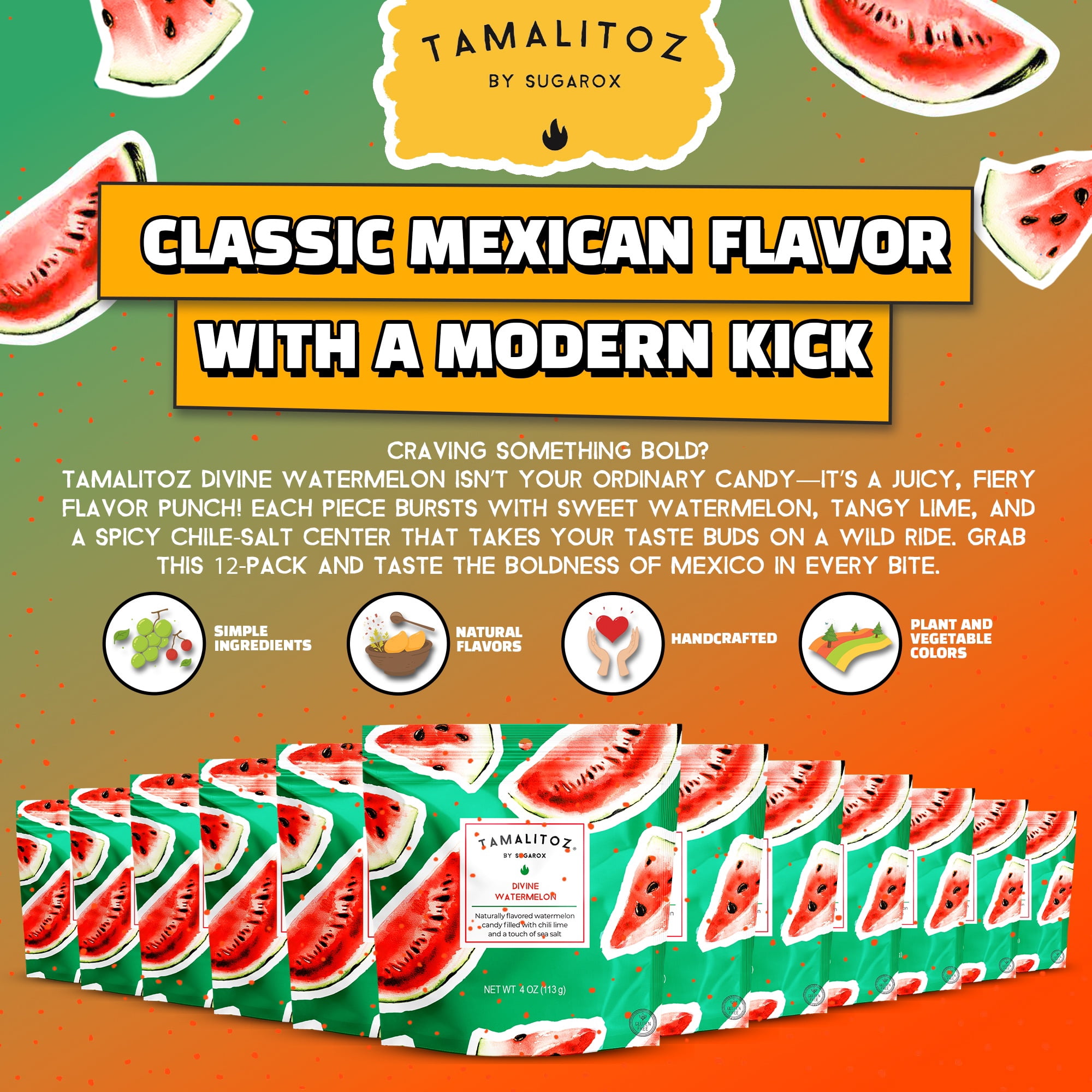 Tamalitoz Divine Watermelon – Spicy Watermelon Mexican Hard Candy Filled with Chile, Lime & Sea Salt – Handcrafted Candy, Gluten-Free, Kosher, 12 Bags – 4oz Each