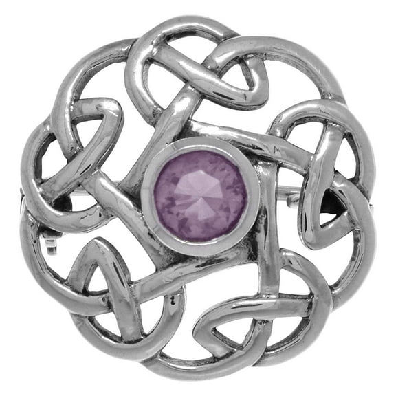 Jewelry Trends Sterling Silver Round Celtic Thistle Brooch Pin with Purple Amethyst