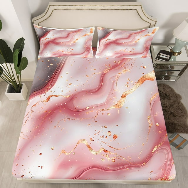 Pink Watercolour Marble Bed Sheets Queen Abstract Art Bedding Set For Teens Girls Adults Colorful Retro Artwork Style Fitted Sheet Stone Pattern Sheets (No Top Sheet)