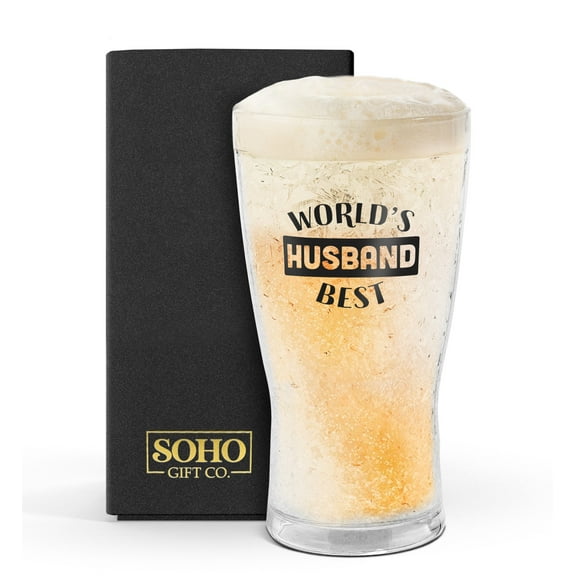 SoHo Freezer Cup Gift for Husband, Double Walled Chiller Mug for Iced Cold Drinks - Insulated 14oz Frozen Pint Drinking Glass for Christmas / Birthday "Worlds Best Husband" (Gift Boxed)
