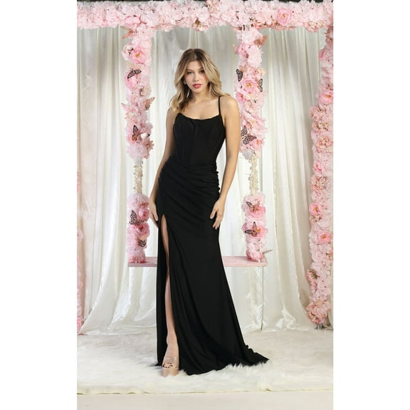 May Queen MQ2026 Juniors Womens Glitter Corset Lace up Back High Slit Prom Gown