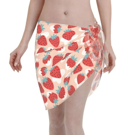 Qekee Red Strawberry Women s Short Sarongs Cover Ups Sheer Bikini Wraps for Swimwear