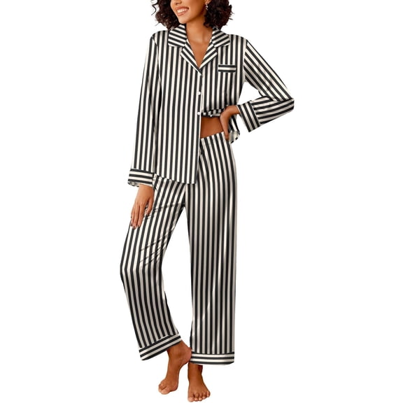 Ekouaer Womens Silk Satin Pajama Sets 2 Piece Sleepwear Pjs Set Long Sleeve Button Down Top and Pants Stripe Loungewear Black Champagne Stripe M