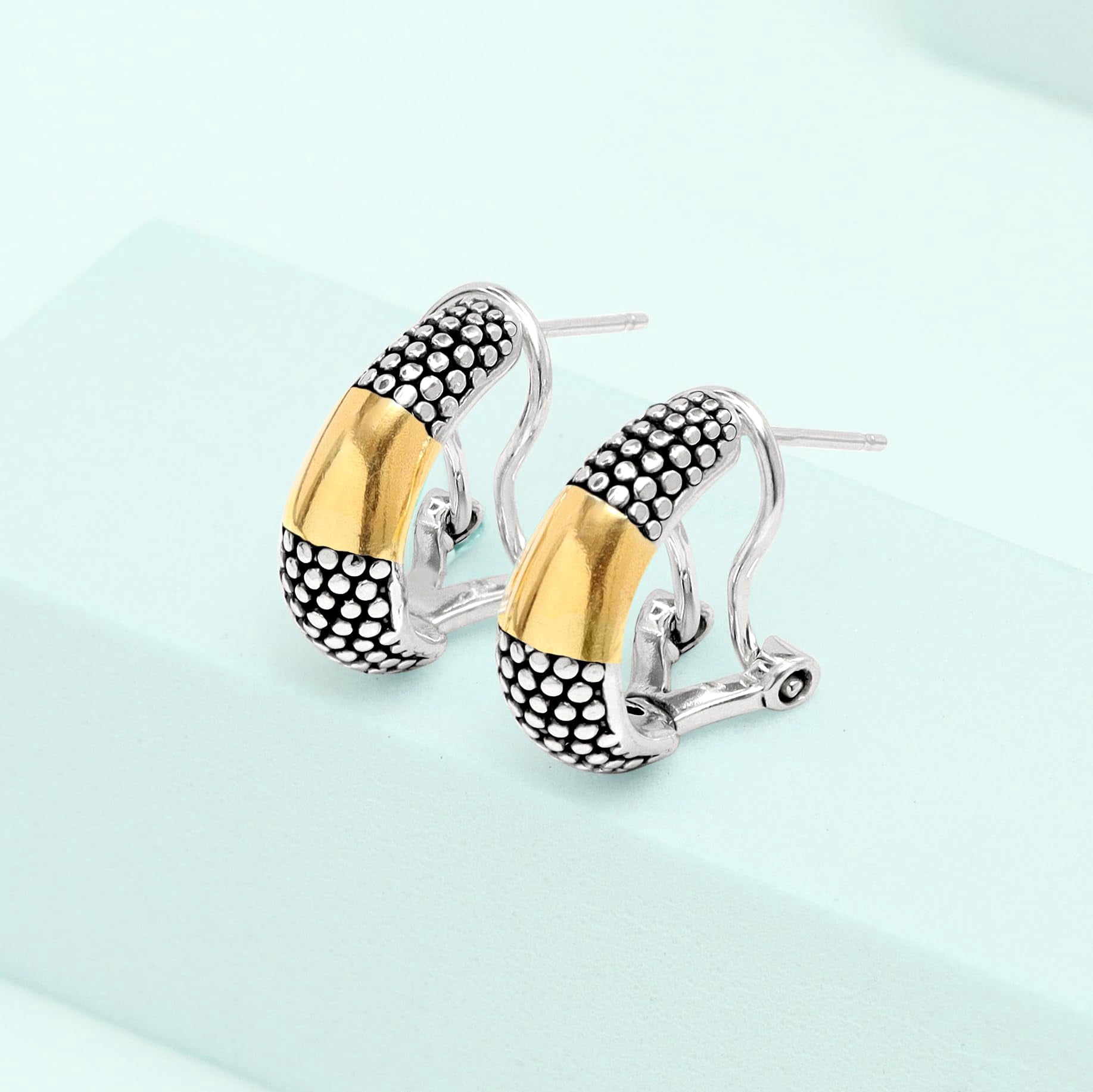 LeCalla 925 Sterling Silver Jewelry Antique Gold-Plated Bar Caviar Omega Back Earrings for Women and Teen 17MM