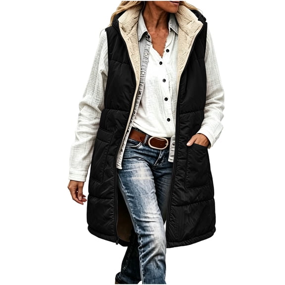 Fnooota Womens Puffer Vests, Mid-Length Fleece-lined Sleeveless Full Zip Winter Outerwear with Pockets Black Size S-3XL
