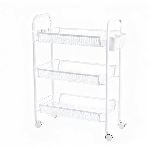 Yucurem 3-Tier Metal Rolling Storage Cart Shelves, Utility Cart Organizer Cart with 4 Hook & 2 Hanging Buckets, Movable Storage Organizer for Kitchen, Office & Home (White)